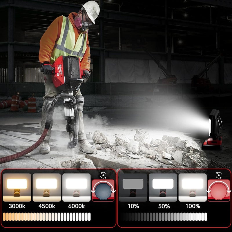LETOUR LED Work Light Compatible with Milwaukee 18v Battery, 8.85'' 3000Lumens 100W Cordless Work Lights Brightness Light with Low Voltage Protection Type-C & USB-A Charger Port,Battery Not Included - Image 5